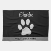 Silver Dog Paw op zwarte achtergrond Theedoek (Horizontaal)