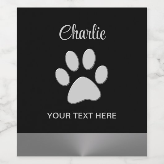 Silver Dog Paw op zwarte achtergrond Wijn Etiket (Enkel label)