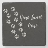 Silver Dog Paws Black Background Print Pattern Sto Stenen Onderzetter (Voorkant)