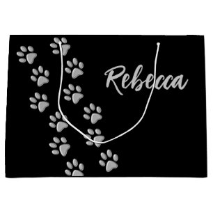 Silver Dog Paws zwarte achtergrond Afdrukpatroon Groot Cadeauzakje