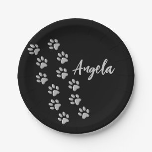 Silver Dog Paws zwarte achtergrond Afdrukpatroon Papieren Bordje