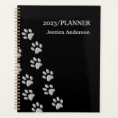 Silver Dog Paws zwarte achtergrond Afdrukpatroon Planner (Voorkant)