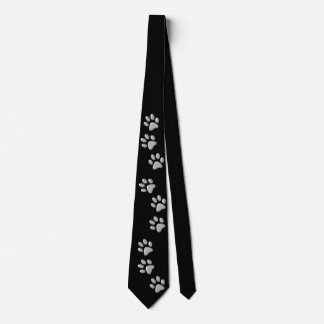 Silver Dog Paws zwarte achtergrond Afdrukpatroon Stropdas