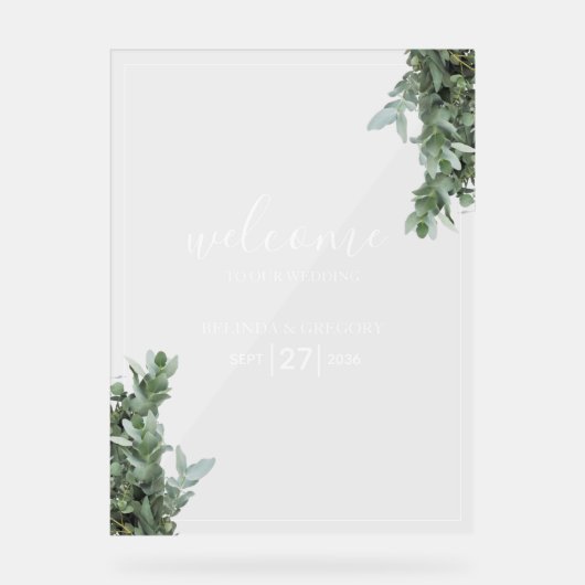 Silver Dollar Eucalyptus Weddenschap Welkomstteken Acryl Bord (Voorkant)