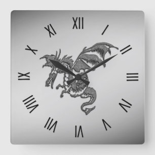 Silver Dragon Roman Numerals Vierkante Klok