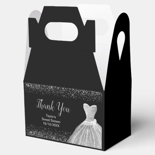 Silver Dress Faux Glitter Sweet 16 Bedankdoosjes (Geopend)