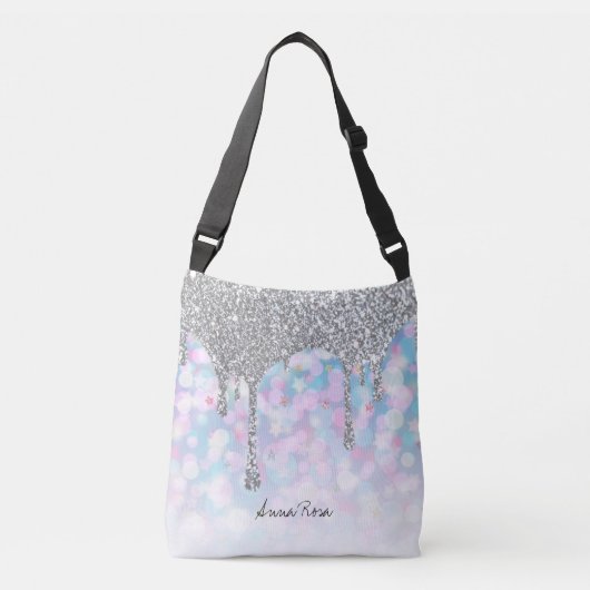 *~* Silver Drip Glitter Pastel Blauwe Stars Crossbody Tas (Voorkant)