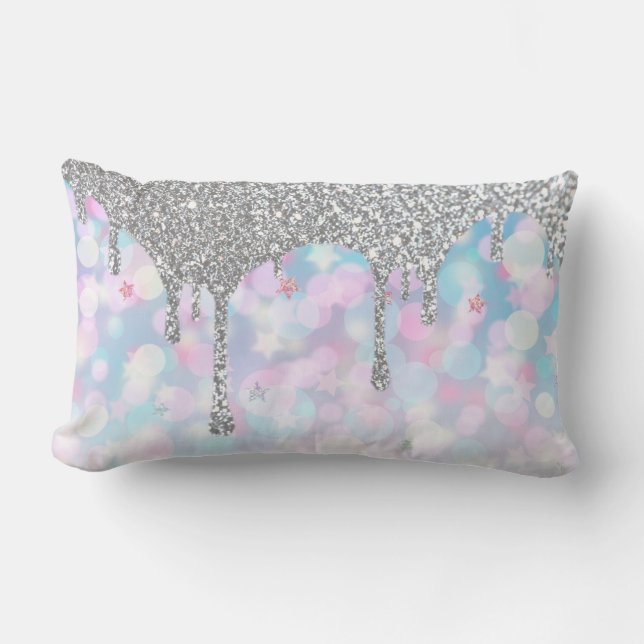 *~* Silver Drip Glitter - Pastel Blue Pink Stars  Kussen (Voorkant)