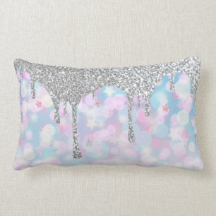 *~* Silver Drip Glitter - Pastel Blue Pink Stars  Kussen