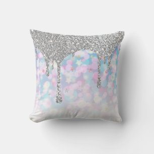 *~* Silver Drip Glitter Pastel Blue Pink Stars Kussen