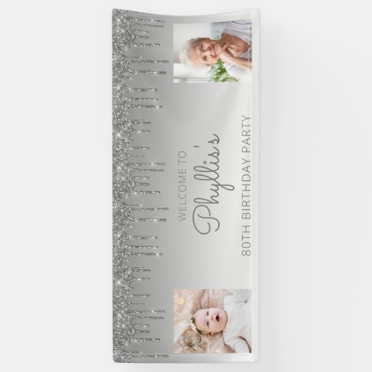 Silver Dripping Glitter Two Photo 80th Birthday Spandoek (Verticaal)