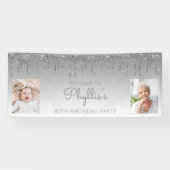 Silver Dripping Glitter Two Photo 80th Birthday Spandoek (Horizontaal)