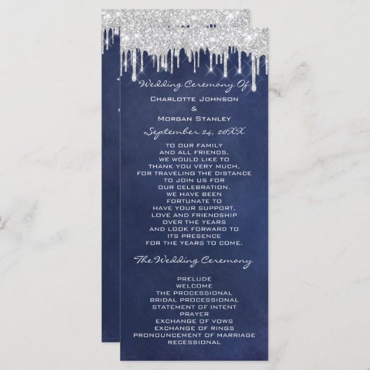 Silver Drips Event Wedding Program Formele marine Programma (Voorkant / Achterkant)