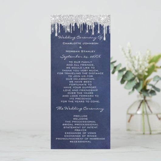 Silver Drips Event Wedding Program Formele marine Programma (Staand voorkant)