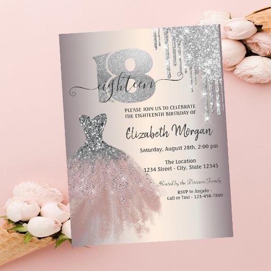 Silver Drips Glitter Chic Dress 18th Birthday Kaart