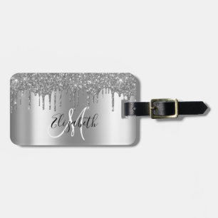 SIlver Drips Glitter Metal Monogram Bagagelabel