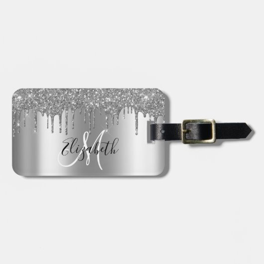 SIlver Drips Glitter Metal Monogram Bagagelabel (Voorkant horizontaal)