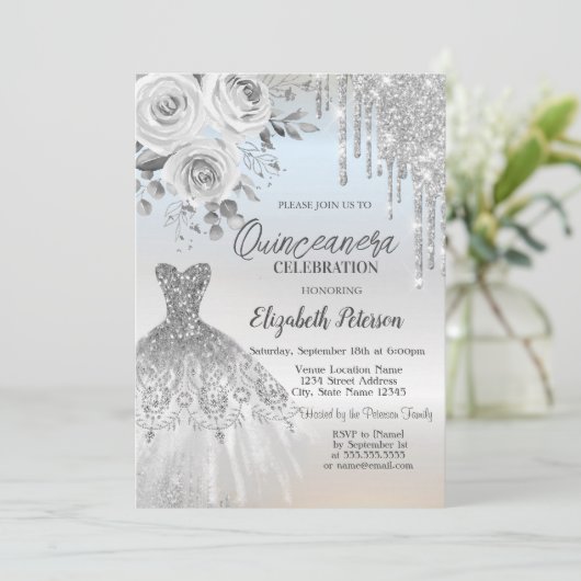 Silver Drips, Jurk Rozen Silver Quinceanera Kaart (Staand voorkant)