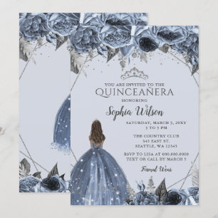 Silver Dusty Blue Floral Princess Quinceañera Kaart