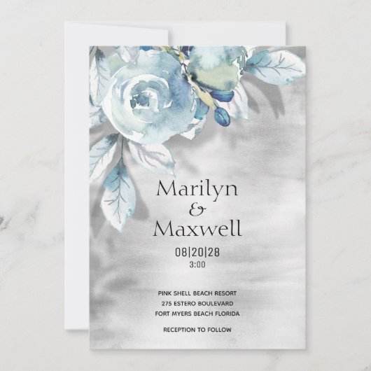 Silver Dusty Blue Peony Shadow Wedding Invitation Aankondiging (Voorkant)