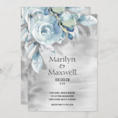 Silver Dusty Blue Peony Shadow Wedding Invitation Aankondiging (Voorkant / Achterkant)