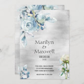 Silver Dusty Blue Peony Wedding Invitation Aankondiging (Voorkant / Achterkant)