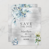 Silver Dusty Blue Peony Wedding Save the Date Aankondiging (Voorkant / Achterkant)
