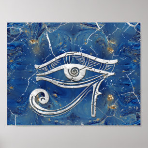 Silver Egyptian Eye of Horus on blue marble Poster