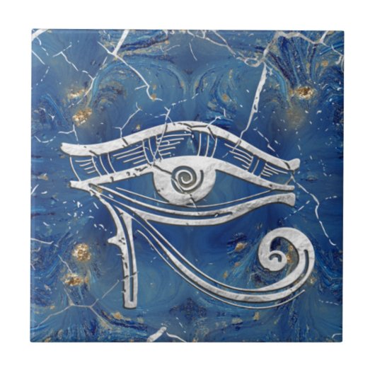 Silver Egyptian Eye of Horus on blue marble Tegeltje (Voorkant)