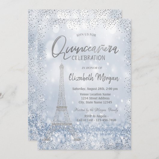 Silver Eiffel Tower Confetti Bokeh Quinceañera Kaart (Voorkant / Achterkant)