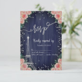 Silver Eiffel Tower Diamonds Floral Navy Blue RSVP Kaart (Staand voorkant)