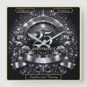 Silver Elegance: 25e Jubileum Vierkante Klok (Voorkant)