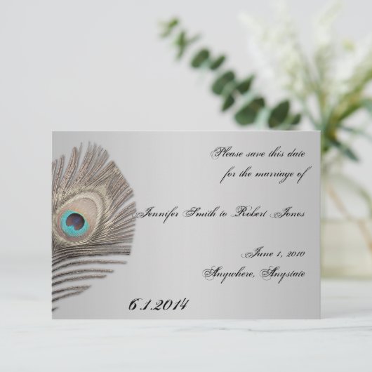 Silver Elegance Peacock Sla de datum op Save The Date (Staand voorkant)