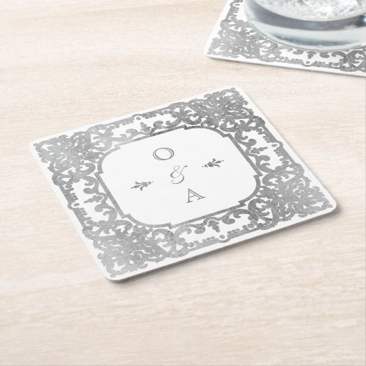 Silver elegant   monogram vierkante kartonnen onderzetter (Schuin)