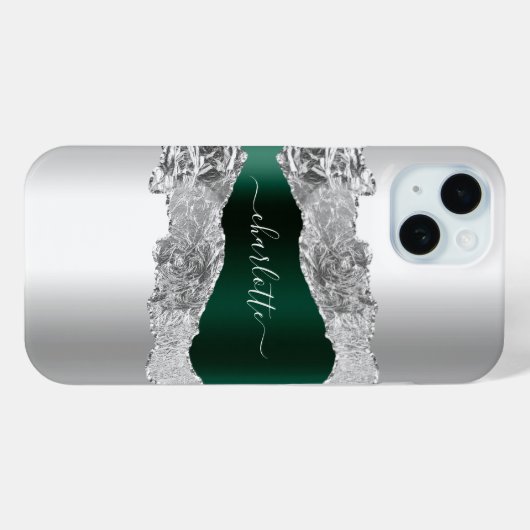 Silver emerald green agate marmer name Case-Mate iPhone case (Achterkant (horizontaal))