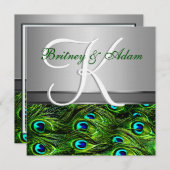Silver & Emerald Green Peacock Wedding Invitations Kaart (Voorkant / Achterkant)