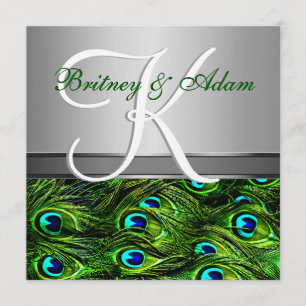 Silver & Emerald Green Peacock Wedding Invitations Kaart