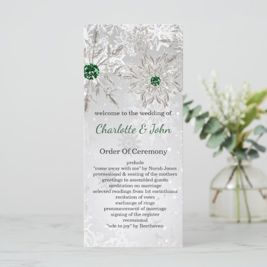 Silver Emerald Green snewflakes winterbruiloft Programma (Staand voorkant)