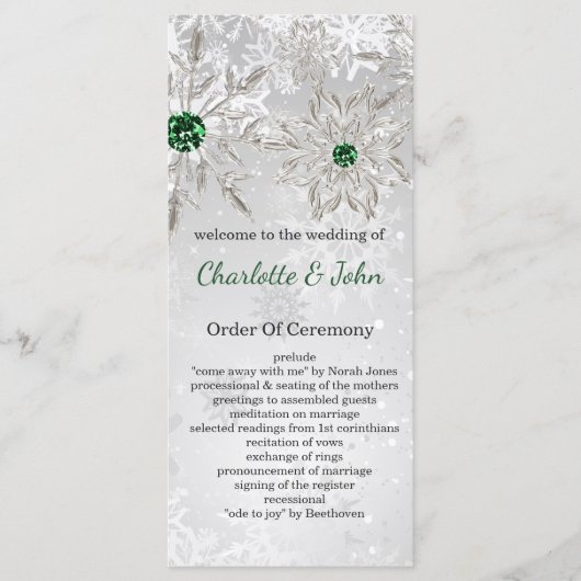 Silver Emerald Green snewflakes winterbruiloft Programma (Voorkant)