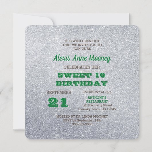 Silver & Emerald Green Sparkly Sweet 16 Invitation (Devant)