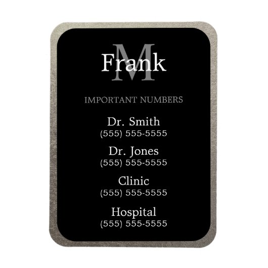 Silver en Black Belangrijke telefoonnummers Magneet (Verticaal)