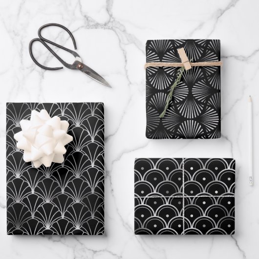 Silver en Black Circles Art Deco Pattern Inpakpapier Vel (Voorkant)