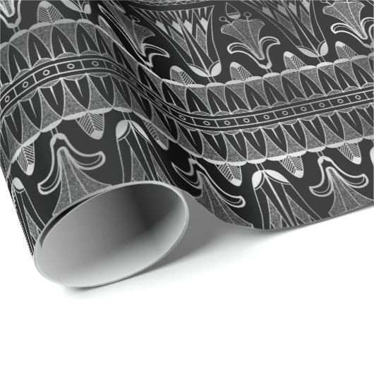Silver en Black Floral Art Deco Pattern Cadeaupapier (Rol Hoek)