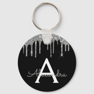 Silver en Black Girly Sparkly Glitter Monogram Sleutelhanger
