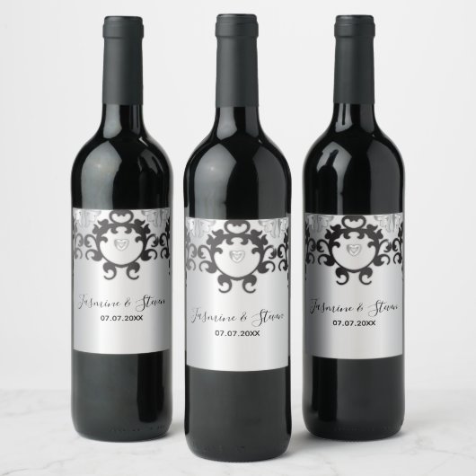 Silver en Black Glam Elegant Stylish Wedding Wijn Etiket (Flessen)