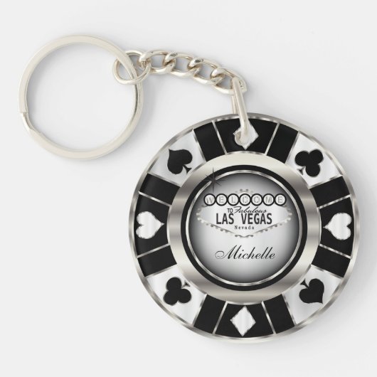 Silver en Black Poker Chip Design - Personaliseer Sleutelhanger (Voorkant)