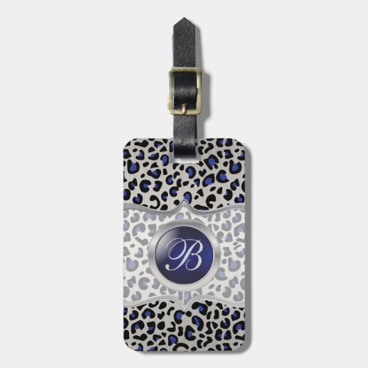 Silver en Blue Leopard Animal Print | Monogram Bagagelabel (Voorkant verticaal)
