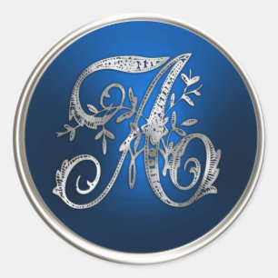 Silver en Blue Monogram A Envelope Seal Ronde Sticker