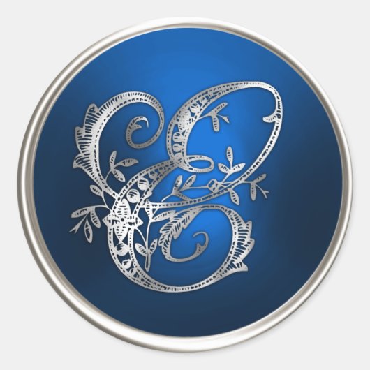 Silver en Blue Monogram E Envelope Seal Ronde Sticker (Voorkant)