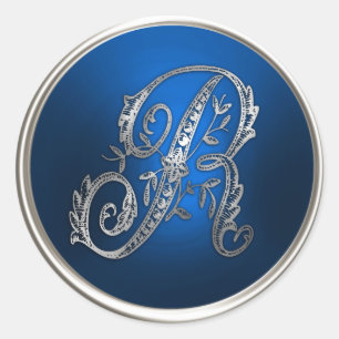 Silver en Blue Monogram R Envelope Seal Ronde Sticker